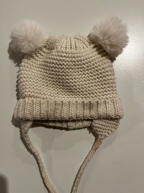 Zara Cream Knit Earflap Hat with Double Pom-Poms